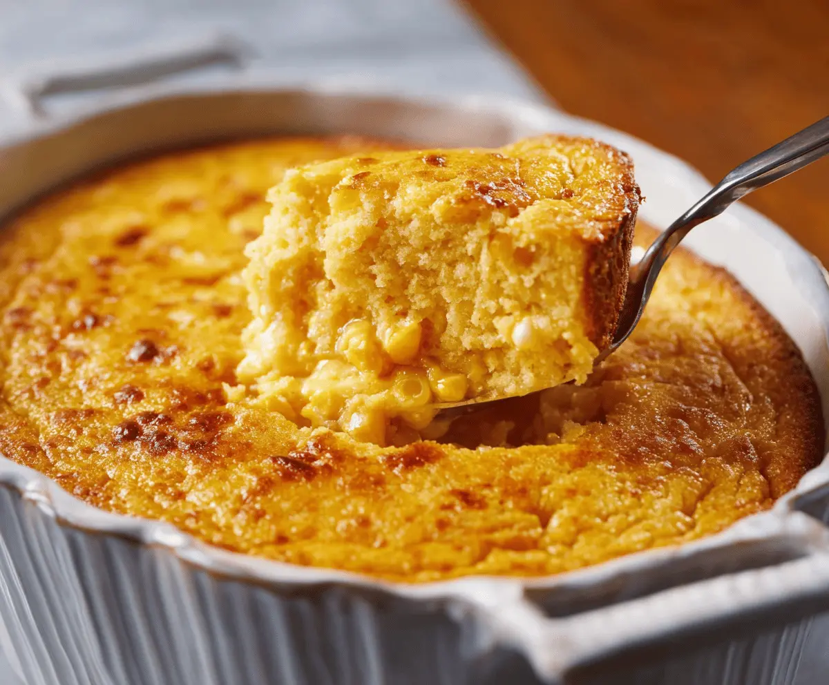 Creamy and savory corn pudding served in a bowl, perfect for family dinners and holiday feasts.