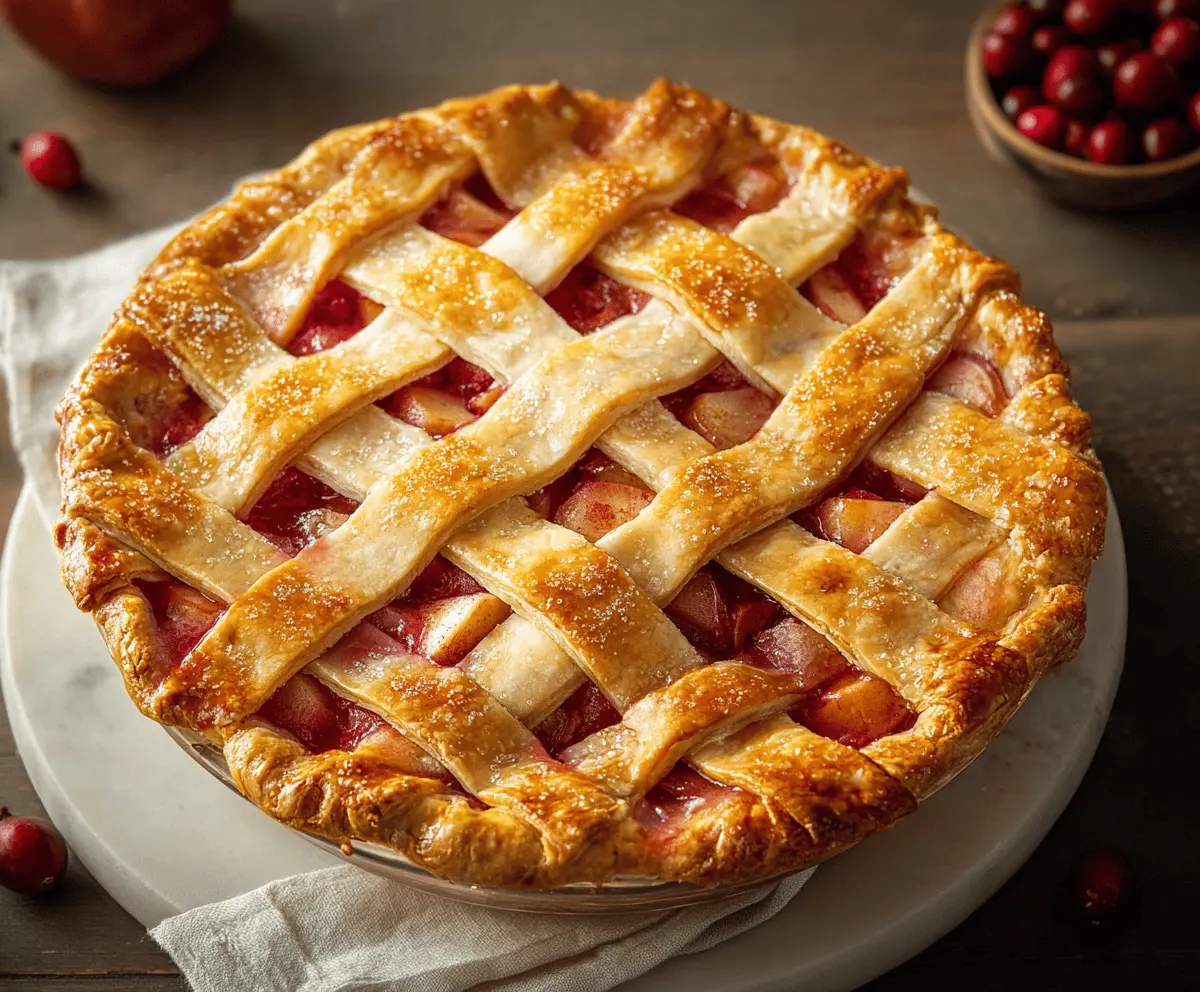 A slice of freshly baked cranberry apple pie topped with golden crust and vibrant cranberry and apple filling on a rustic wooden table.
