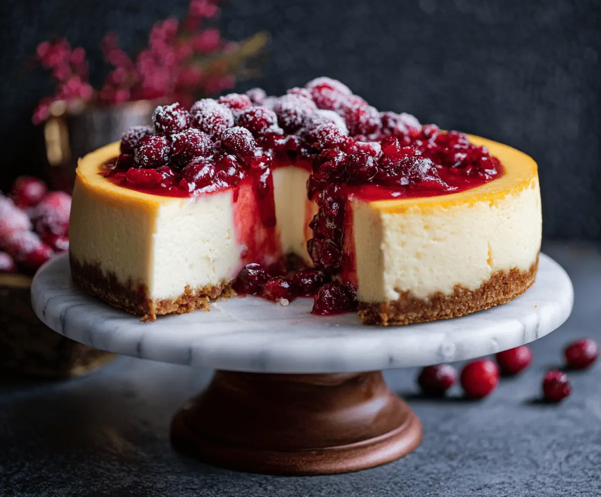 Delicious cranberry orange cheesecake topped with fresh cranberries and orange zest, served on a white plate