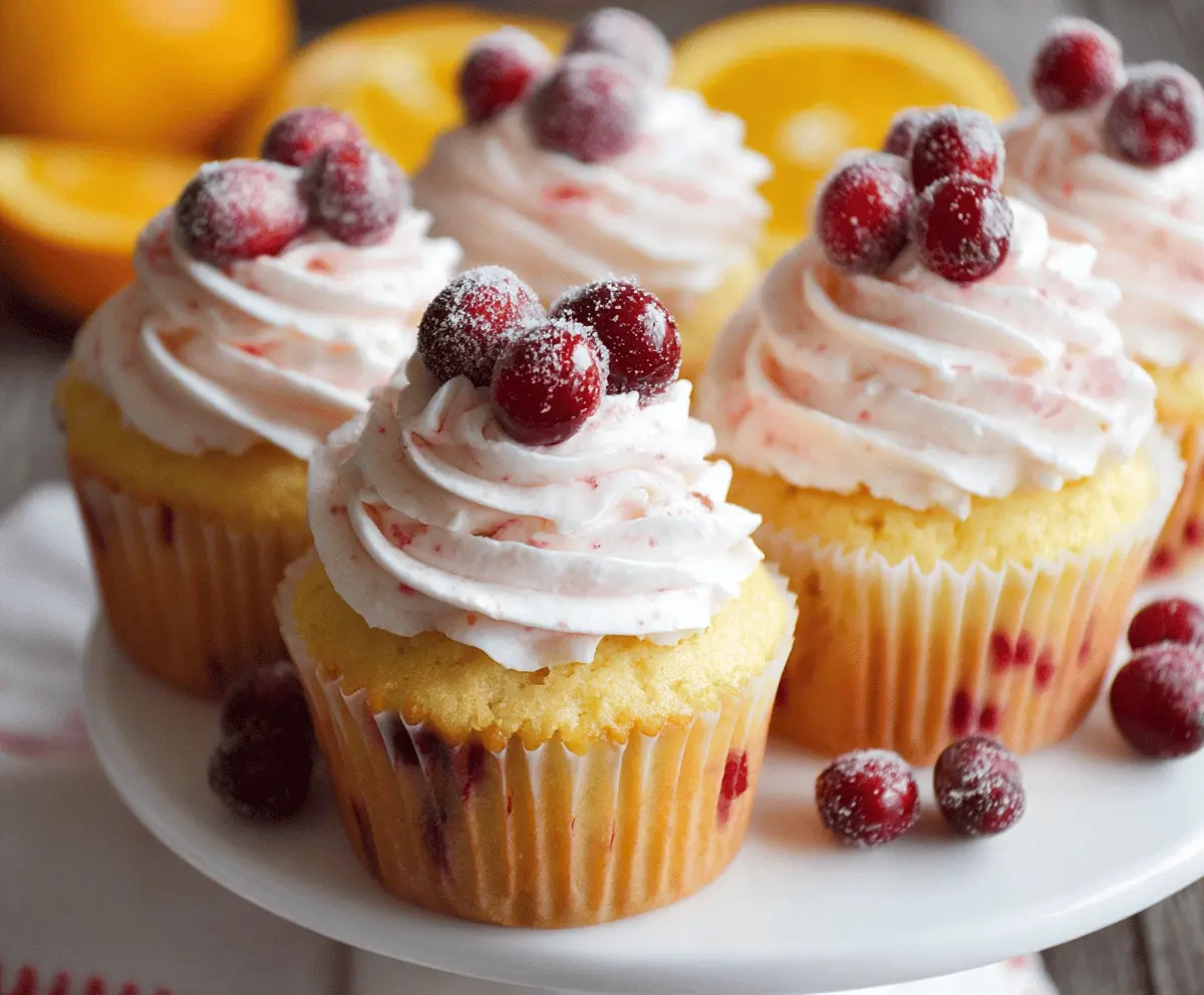Delicious cranberry orange cupcakes with bright orange zest and tart cranberries on top.