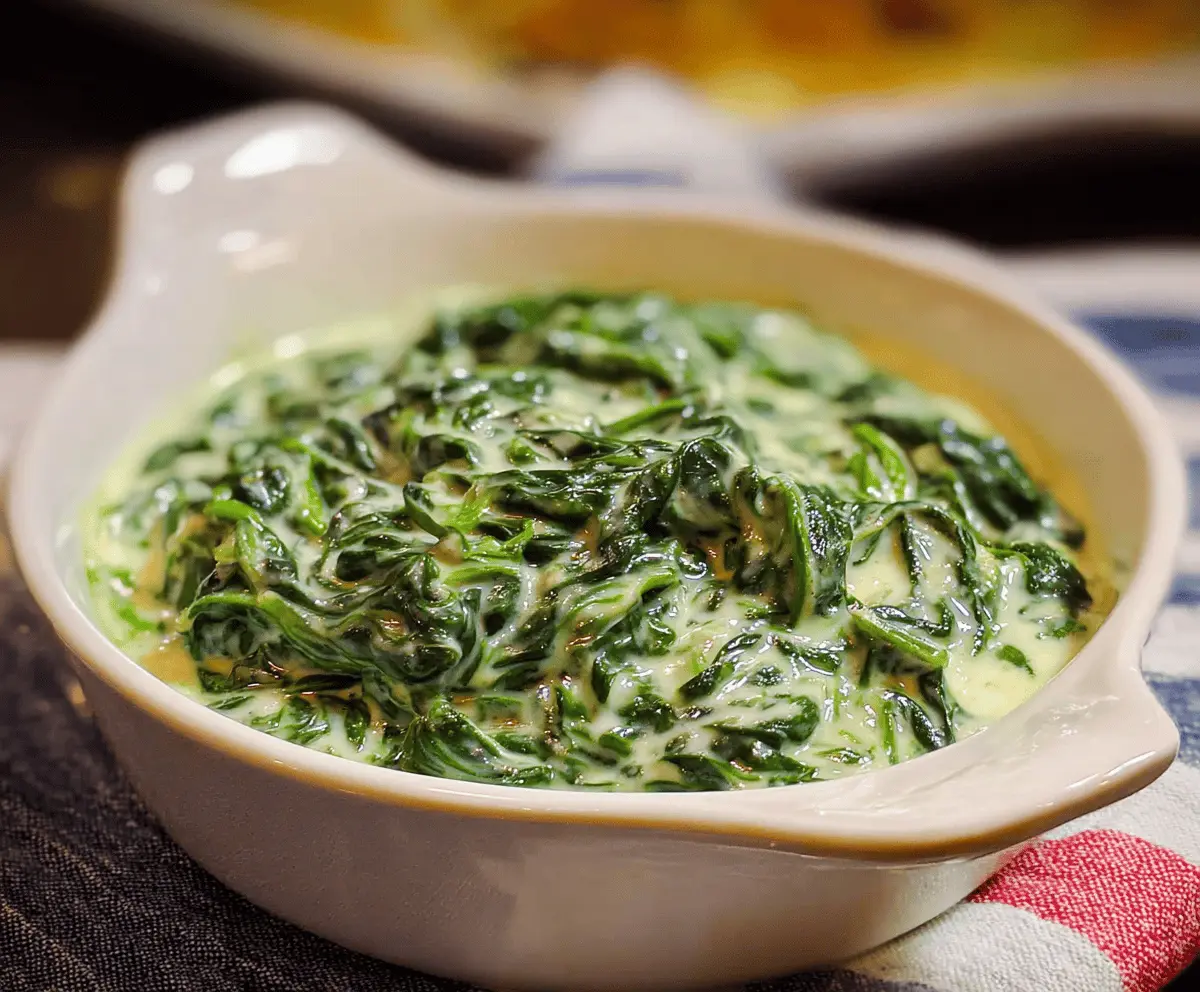 Creamed spinach served in a white bowl with a creamy, savory sauce and fresh spinach leaves, perfect as a side dish.