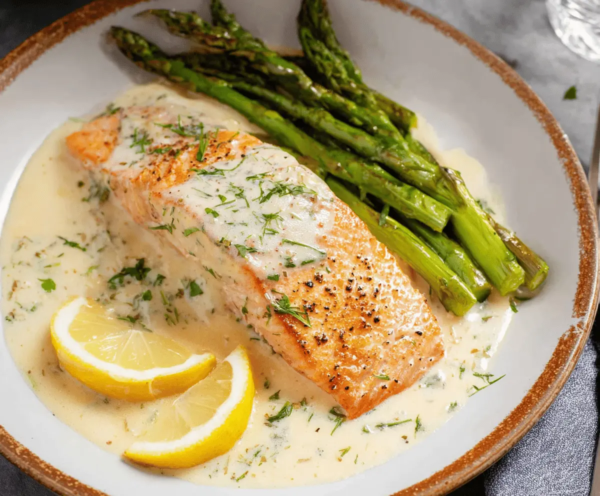 Creamy lemon butter salmon fillet garnished with fresh herbs on a white plate, served with lemon wedges and steamed vegetables.