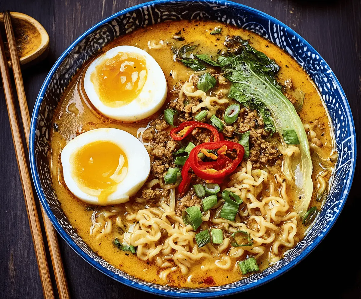A steaming bowl of Curry Ramen Soup with noodles, sliced vegetables, and garnished with green onions and a soft-boiled egg.
