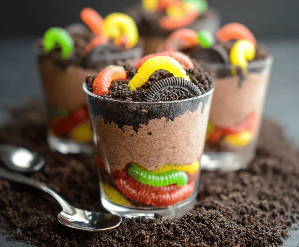 Delicious Dirt Cups with Gummy Worms dessert in a clear glass, featuring chocolate pudding topped with crushed cookies and colorful gummy worms for a fun, spooky treat.