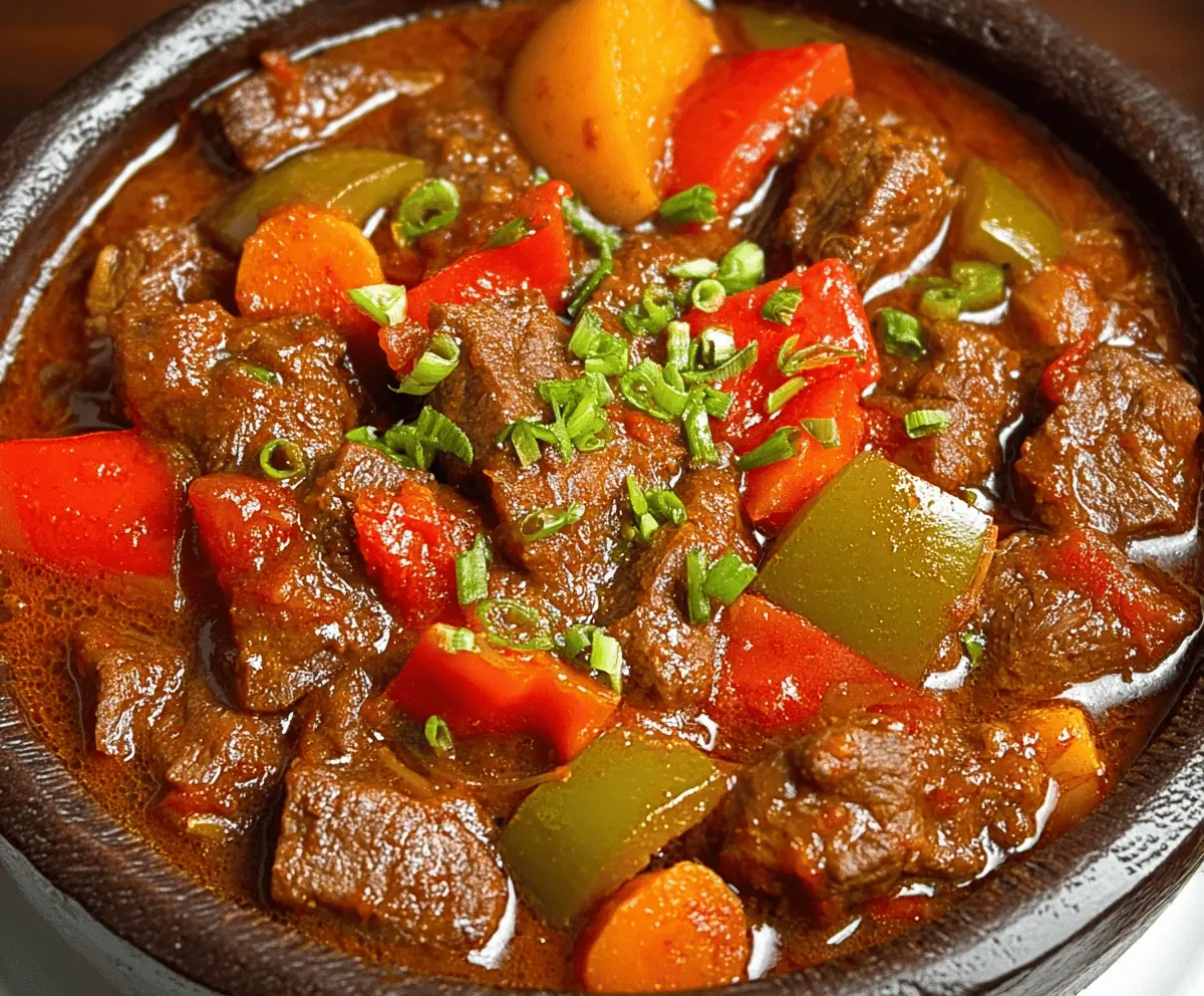 Delicious Filipino Beef Caldereta served with rice, featuring tender beef, savory sauce, potatoes, carrots, and vegetables in a traditional Filipino dish