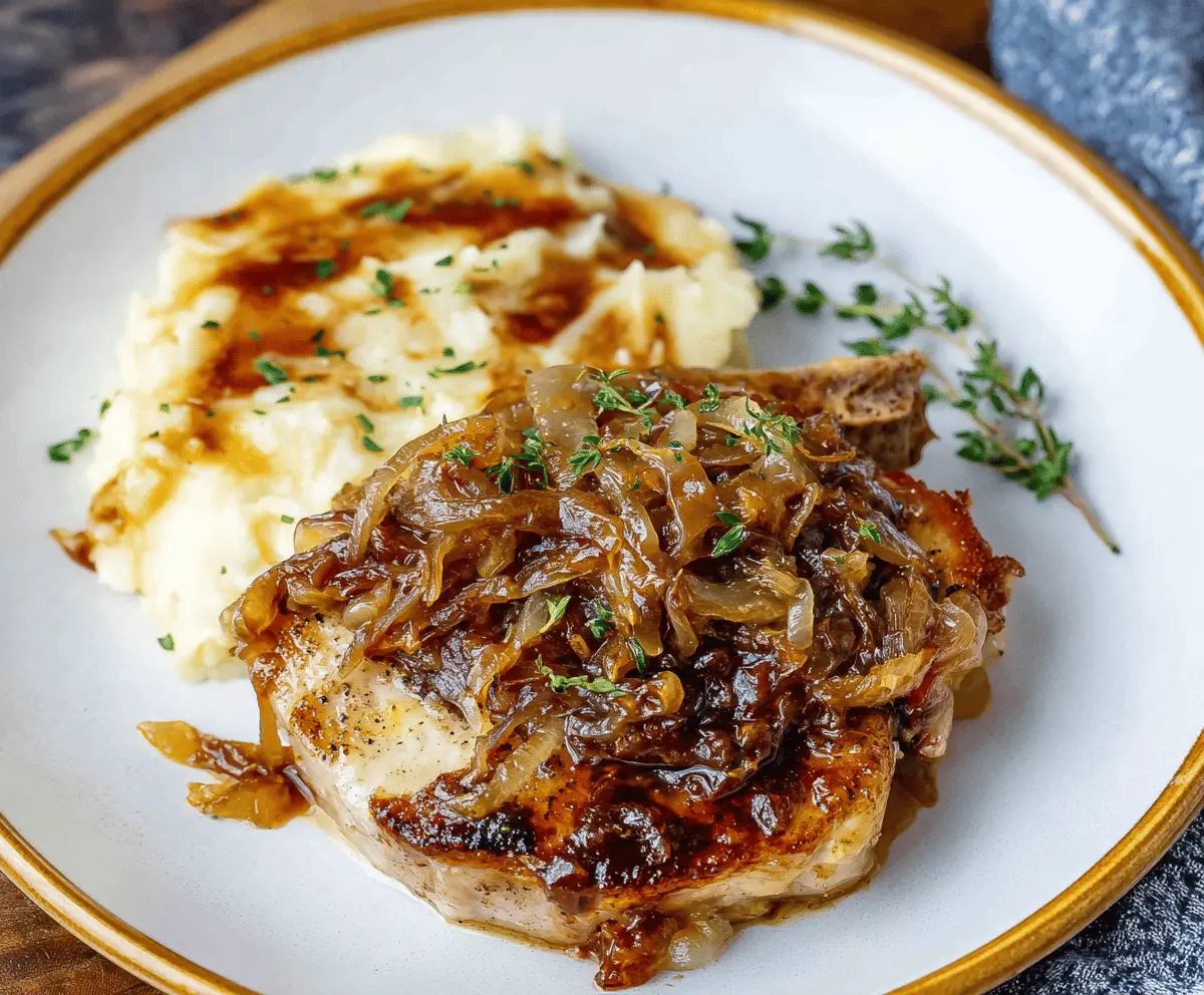 Juicy French Onion Pork Chops topped with caramelized onions and melted cheese, served with a side of fresh vegetables