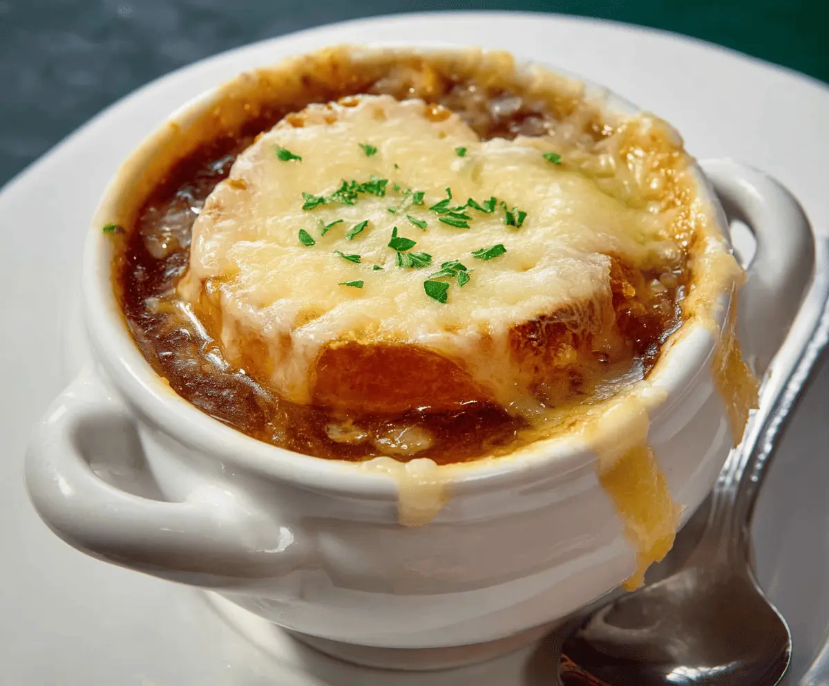 Delicious bowl of classic French Onion Soup topped with melted cheese and toasted bread, garnished with fresh herbs