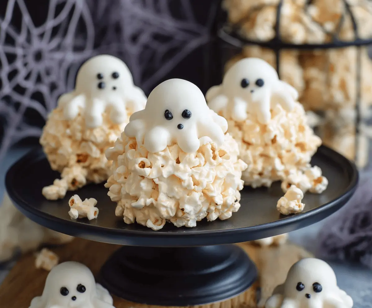 Sweet ghost-shaped popcorn balls decorated with white icing and chocolate eyes, perfect for Halloween treats.