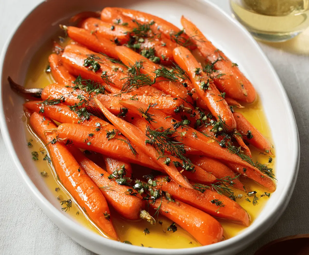 Bright glazed carrots garnished with fresh herbs on a white plate, perfect for a healthy side dish