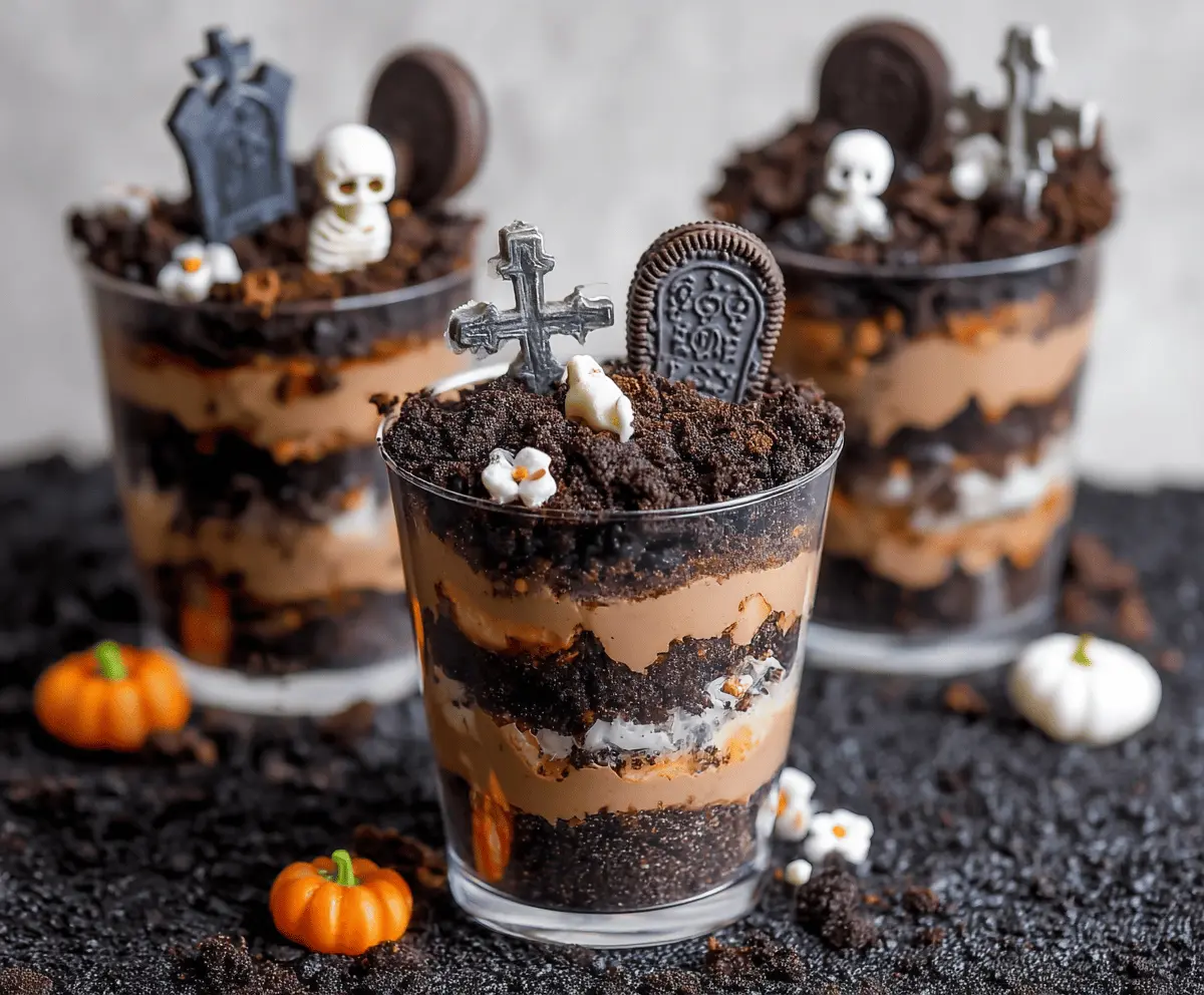 A spooky Halloween dessert featuring layered chocolate pudding topped with crushed cookies and gummy worms, decorated as Graveyard Dirt Cups perfect for a Halloween party.