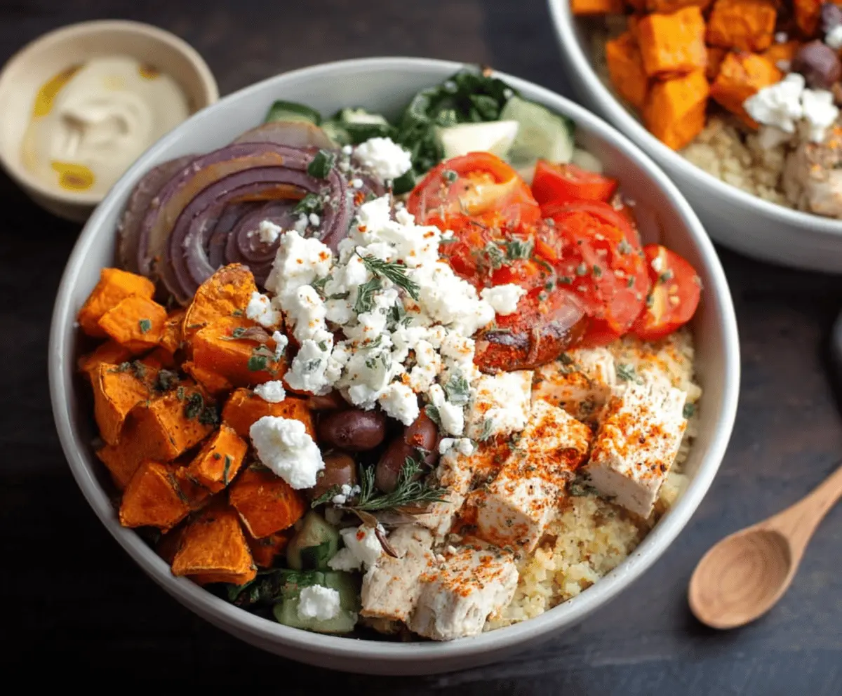 Delicious Greek sweet potato bowls filled with colorful vegetables and herbs, perfect for a healthy meal