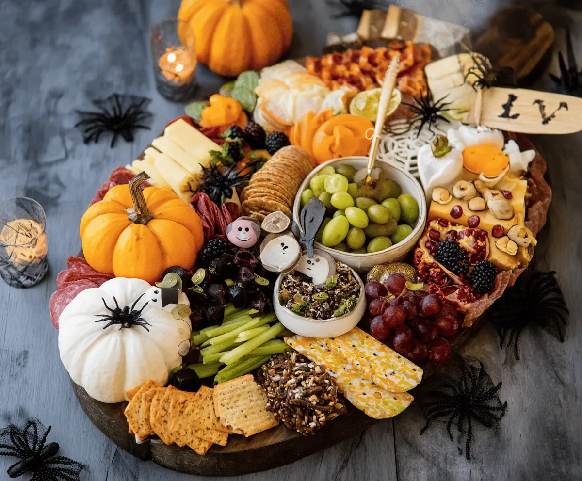 Halloween charcuterie board with spooky themed cheeses, meats, fruits, and festive decorations for a spooky holiday snack platter.