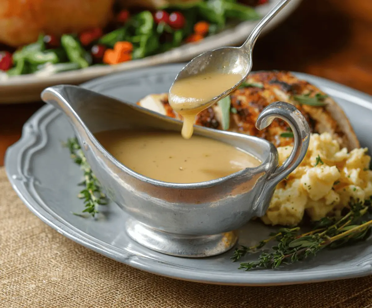 Homestyle turkey gravy served in a white gravy boat on a wooden table, perfect for comfort food dinners.