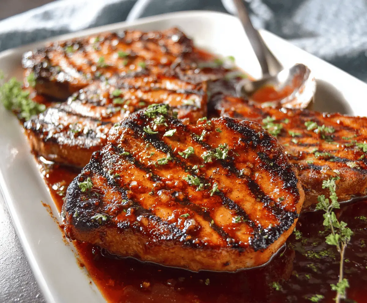 Juicy honey garlic pork chops garnished with fresh herbs on a plate, served with vegetables and a honey garlic sauce, perfect for a flavorful dinner.
