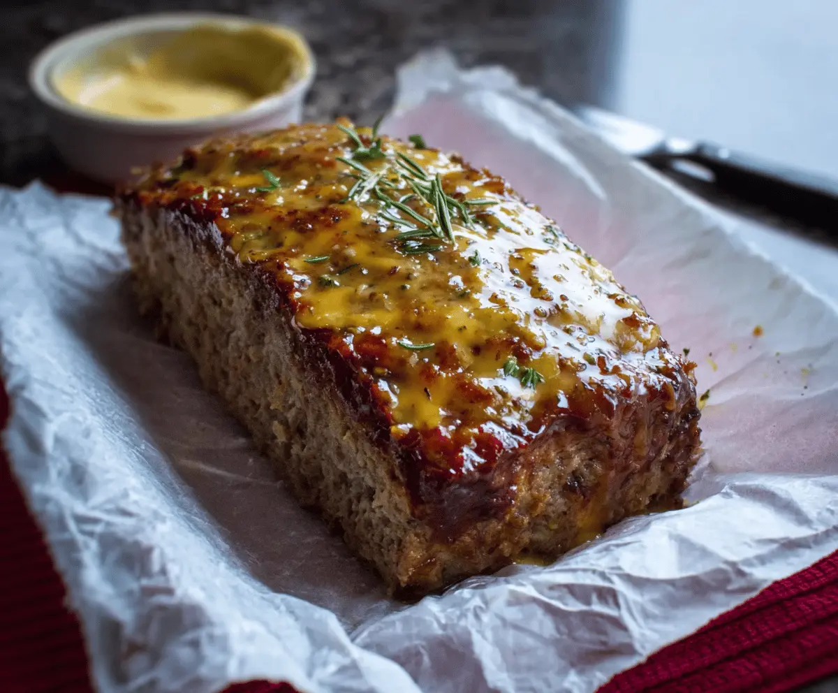 Juicy honey mustard meatloaf topped with golden glaze served on a white plate, garnished with fresh herbs.