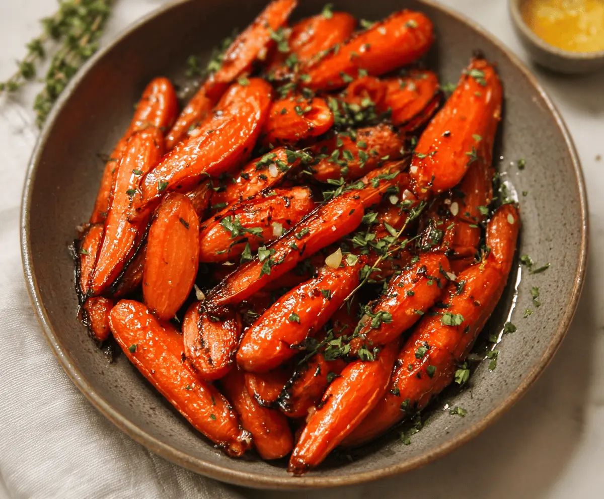 Delicious honey roasted carrots garnished with fresh herbs on a rustic plate.