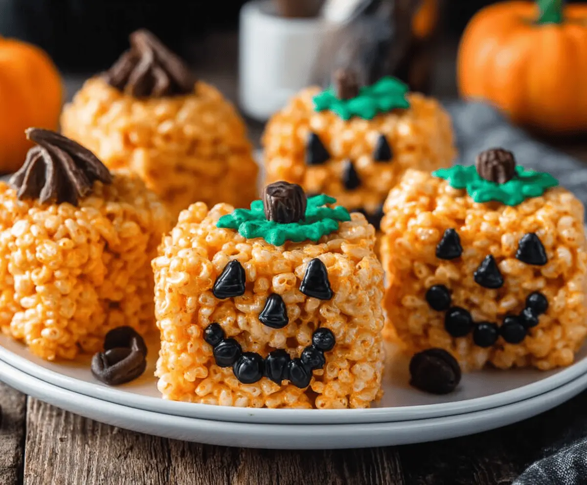 Colorful Jack O' Lantern Rice Krispie Treats decorated with orange, black, and green candy for Halloween fun