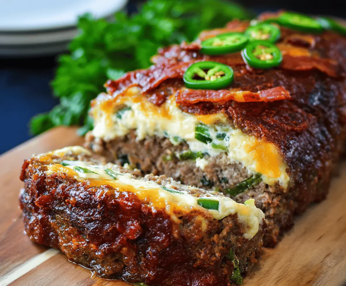 Spicy Jalapeño Popper Meatloaf topped with melted cheese and sliced jalapeños on a baking dish