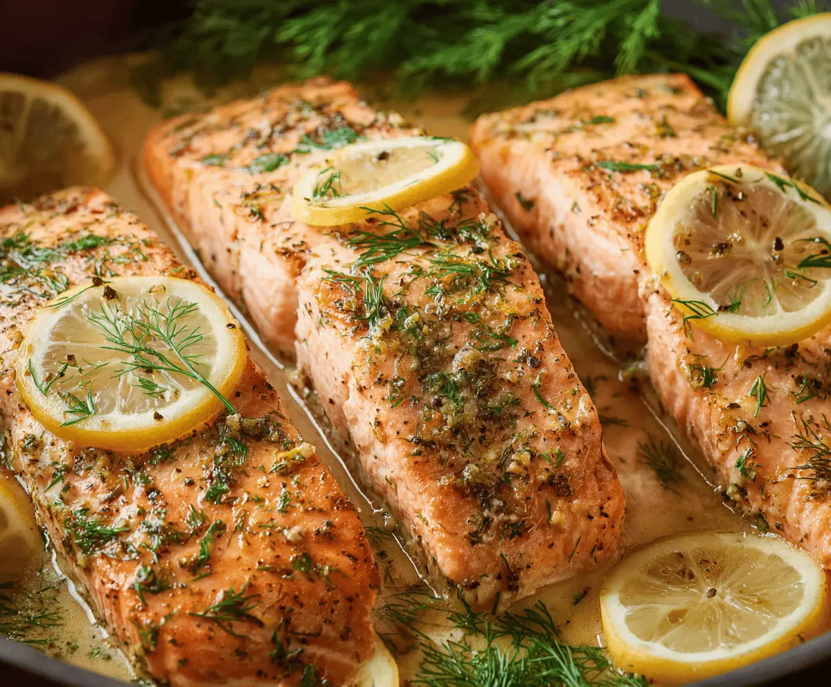 Fresh lemon dill salmon fillet garnished with lemon slices and herbs, perfect for a healthy, flavorful seafood meal.