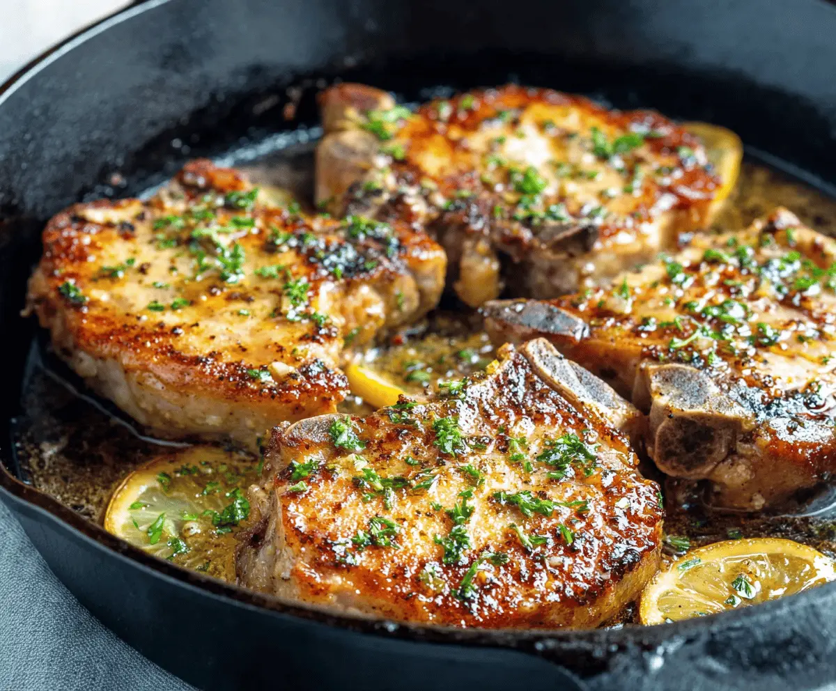 Juicy lemon garlic pork chops garnished with fresh herbs on a rustic wooden table, perfect for a flavorful dinner recipe