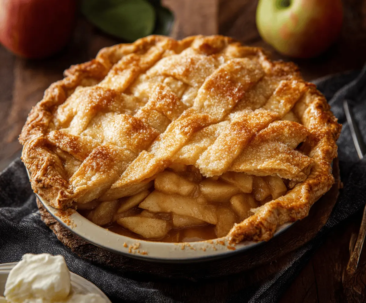 Delicious homemade Maple Apple Pie with golden crust and caramelized apple filling on a rustic wooden table