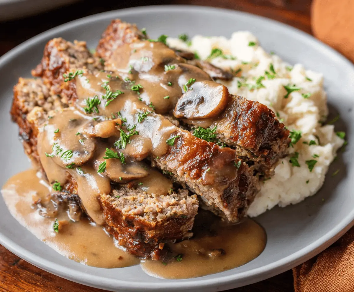 Delicious homemade meatloaf topped with rich mushroom gravy on a serving platter, garnished with fresh herbs