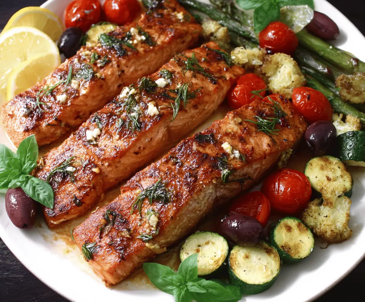 Delicious Mediterranean Salmon Bake garnished with fresh herbs and lemon slices, served with colorful vegetables and a side of roasted potatoes.