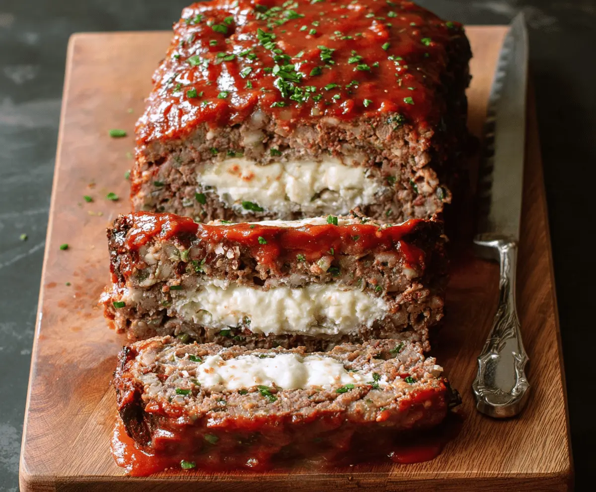 Mozzarella-Stuffed Meatloaf served on a plate with fresh herbs, showcasing a juicy, cheesy meatloaf with melted mozzarella filling