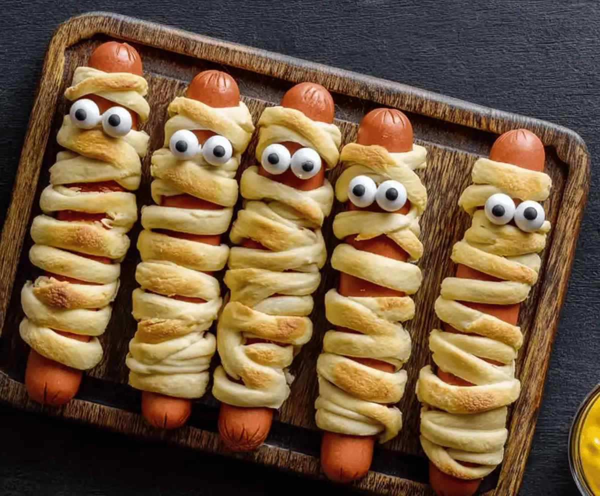 Plate of spooky Mummy Hot Dogs wrapped in crescent roll dough with googly eyes, perfect for Halloween parties.