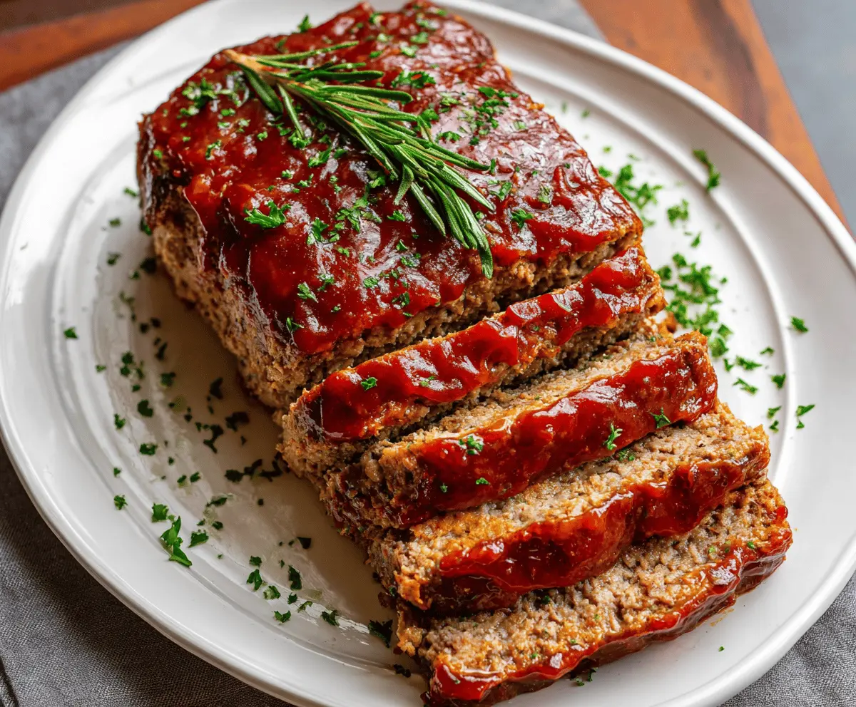 Delicious meatloaf seasoned with onion soup mix, served on a plate with mashed potatoes and vegetables