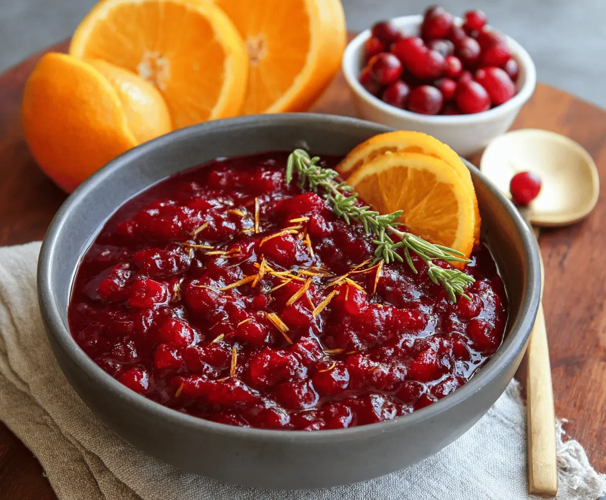 Traditional orange cranberry sauce in a glass bowl with fresh cranberries and orange slices