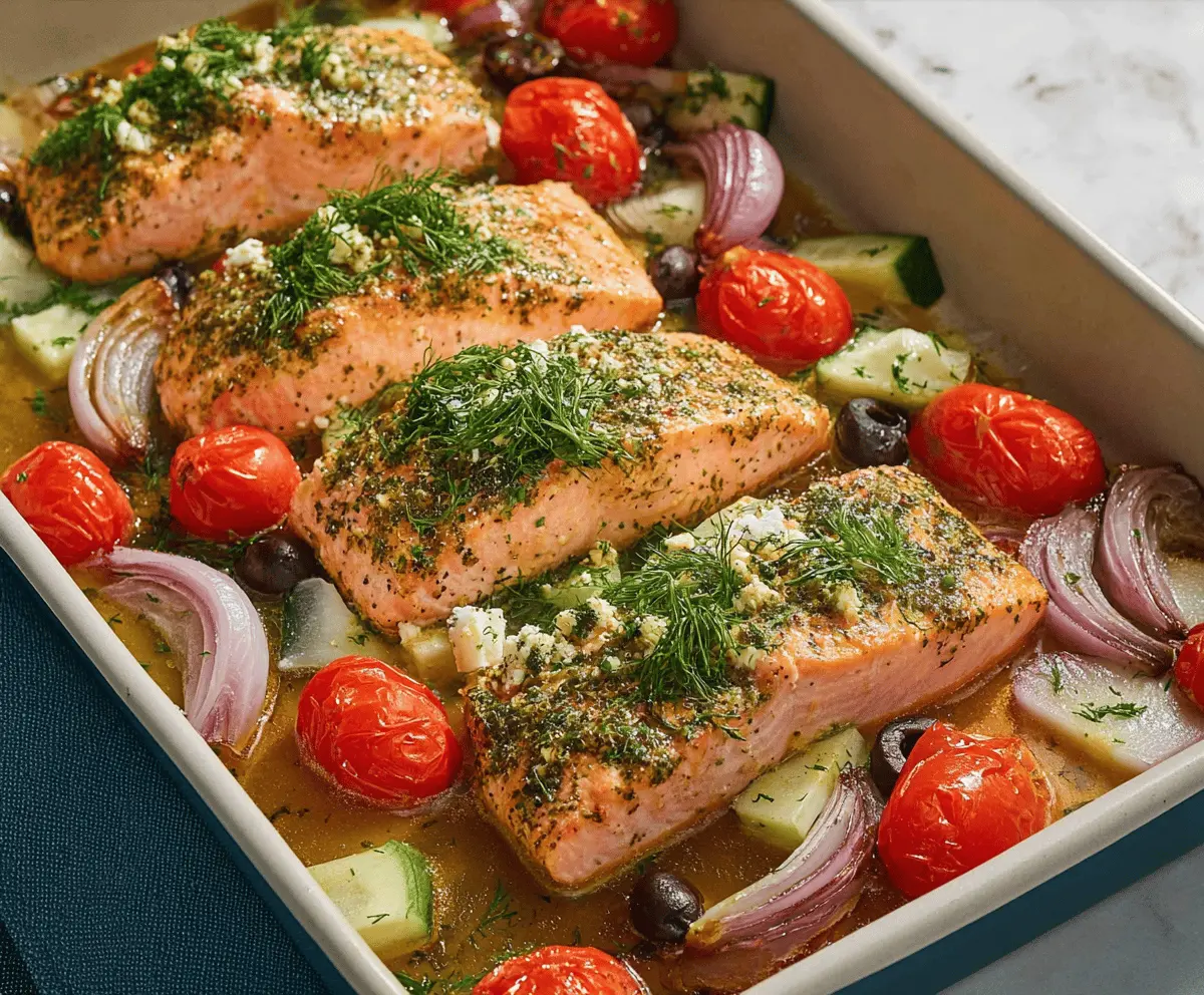 Delicious oven-baked Greek salmon with herbs and lemon on a ceramic plate