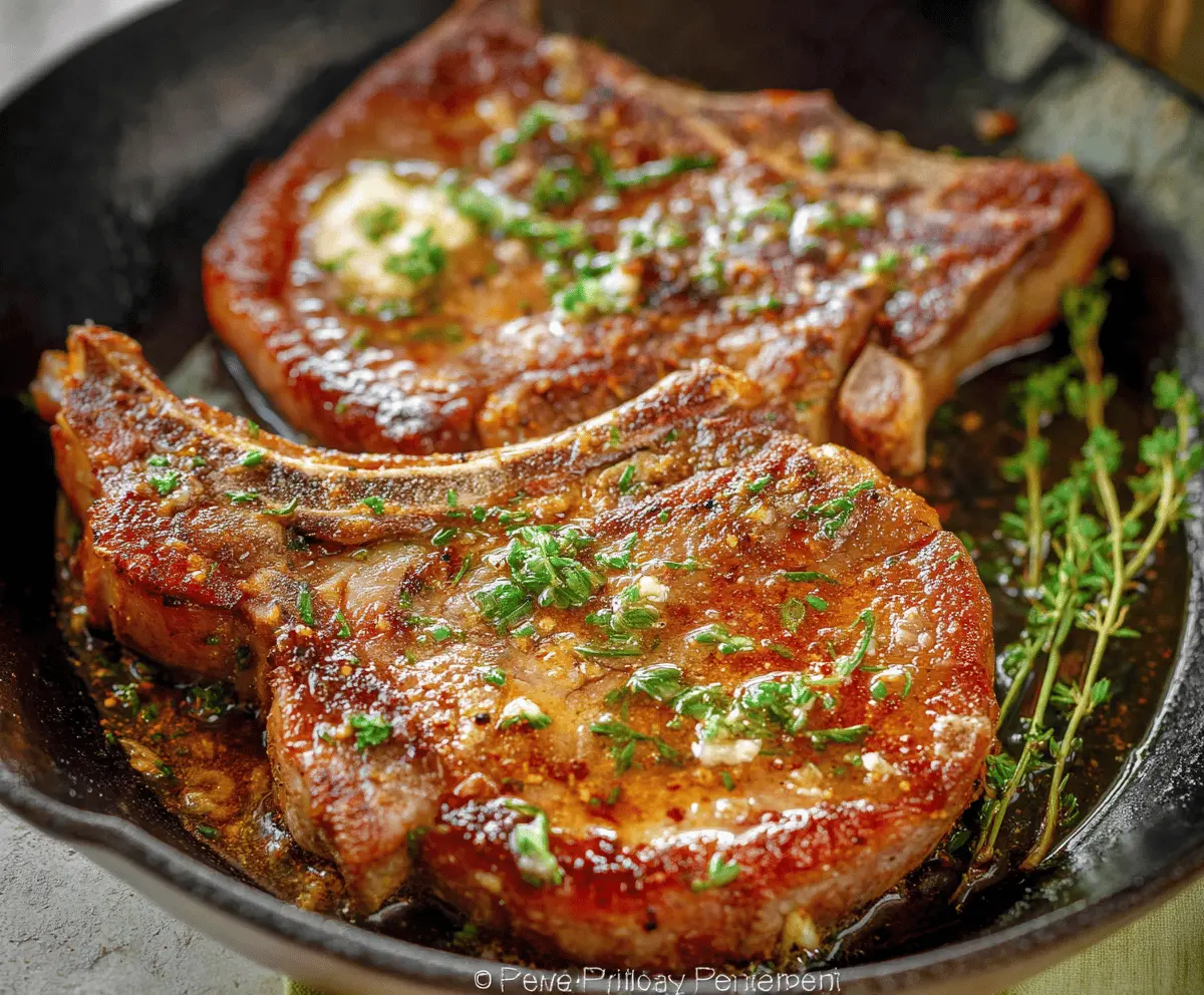 Juicy pan-seared pork chops with golden-brown crust served on a plate, garnished with herbs and vegetables.