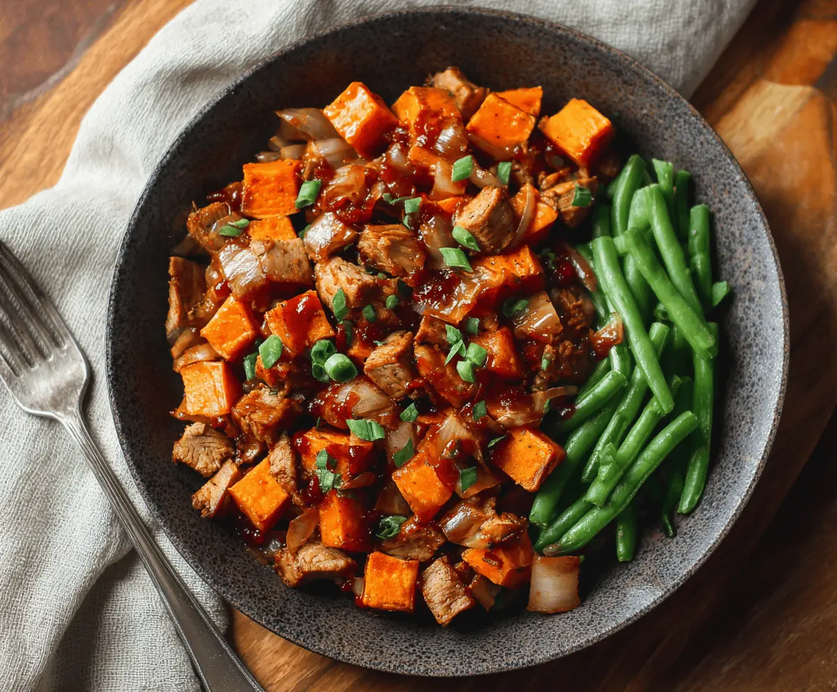 Delicious pork and sweet potato skillet served with fresh herbs, showcasing a hearty and colorful one-pan meal