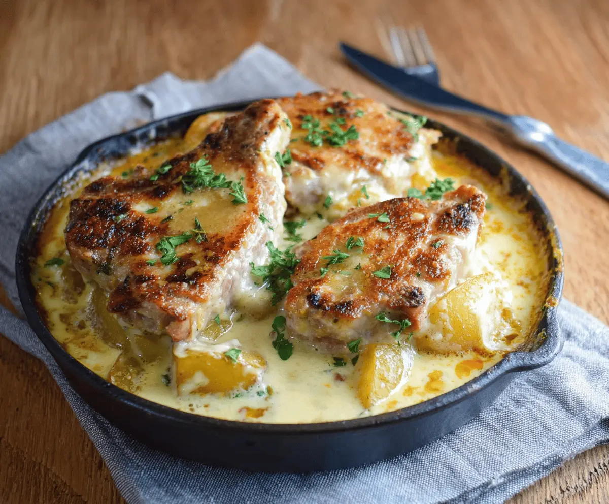 Delicious pork chops and potatoes casserole topped with melted cheese, served hot on a serving dish
