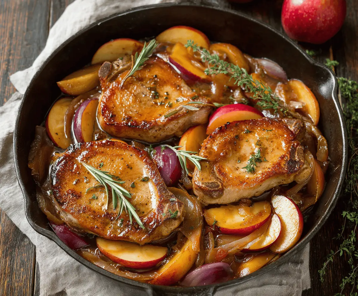 Juicy pork chops topped with caramelized apples and onions served on a plate, perfect for a hearty and flavorful meal.