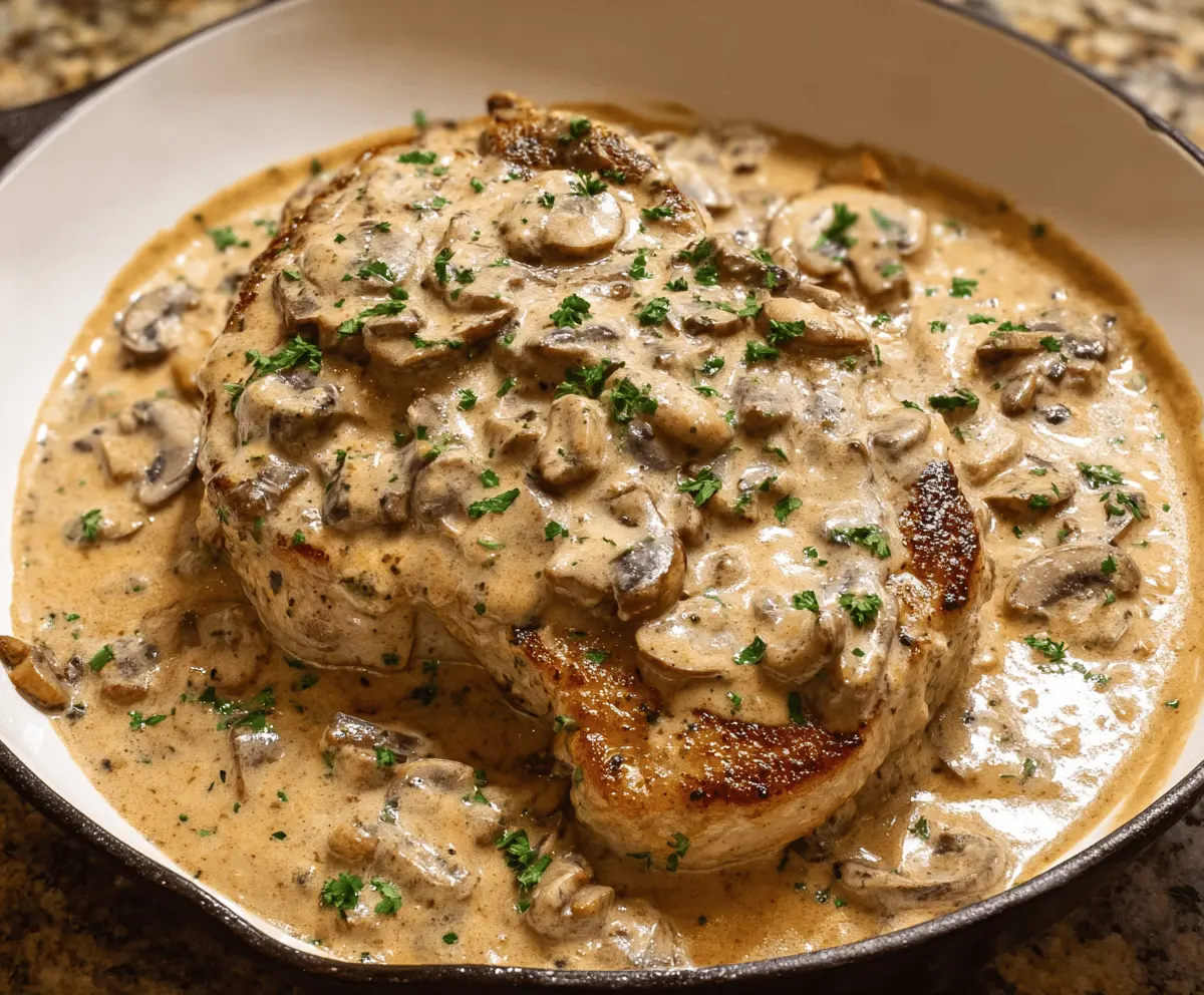 Juicy pork chops topped with creamy mushroom soup served on a plate with fresh herbs
