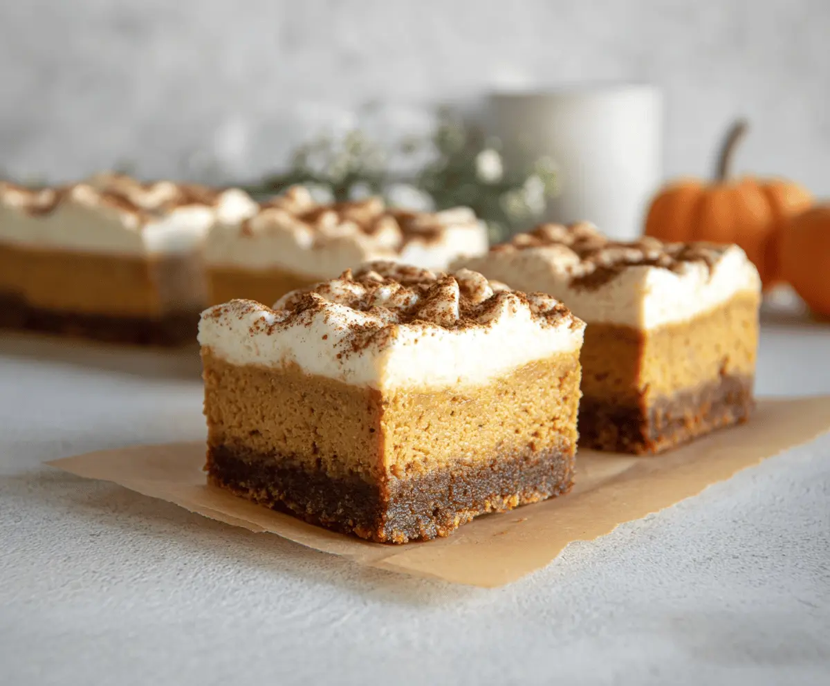 Delicious pumpkin blondie cheesecake bars topped with whipped cream and a sprinkle of cinnamon on a rustic wooden table.