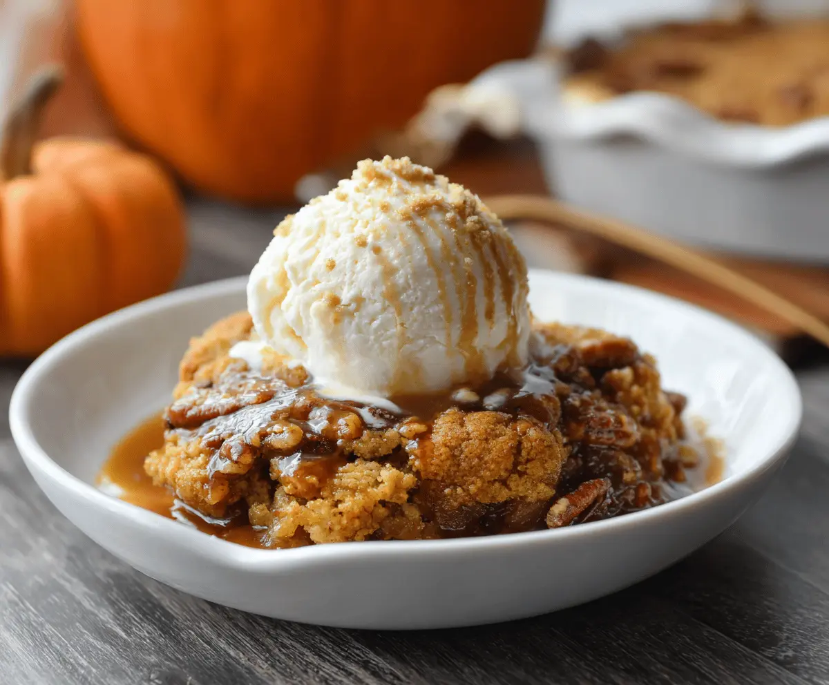 Delicious homemade pumpkin cobbler topped with golden crust, served in a rustic baking dish, perfect for fall desserts.
