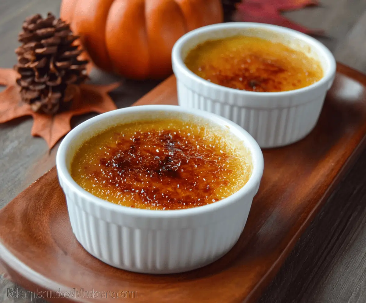 Creamy pumpkin creme brulee topped with caramelized sugar and whipped cream, perfect for fall desserts.