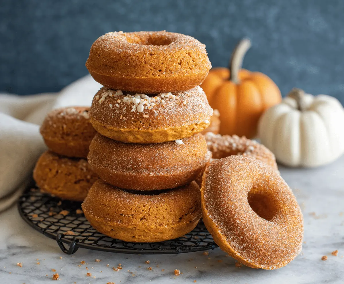 Delicious homemade pumpkin donuts topped with cinnamon sugar, perfect for fall desserts and holiday treats.