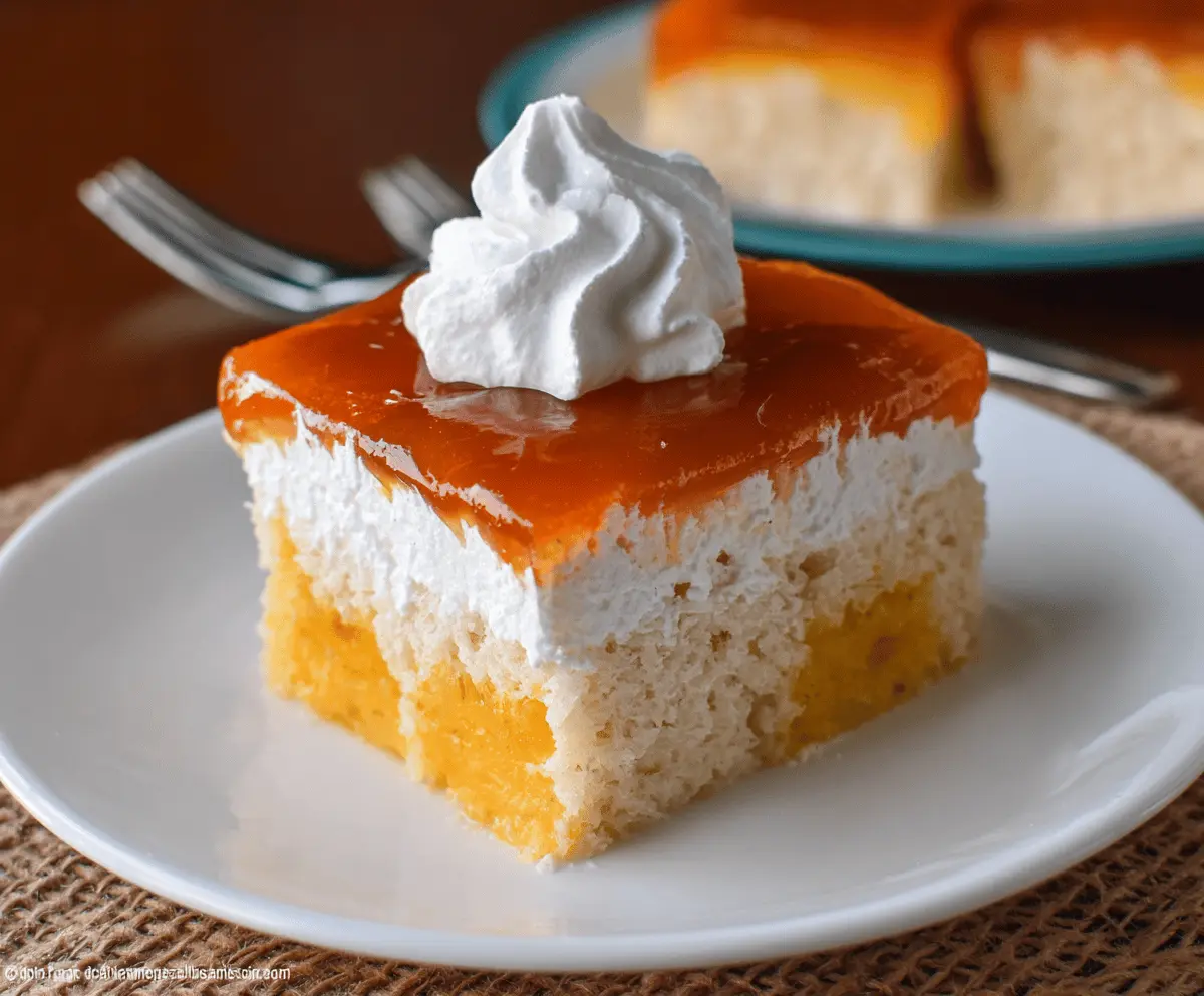 Delicious Pumpkin Jello Poke Cake topped with whipped cream and pumpkin spice for a festive fall dessert