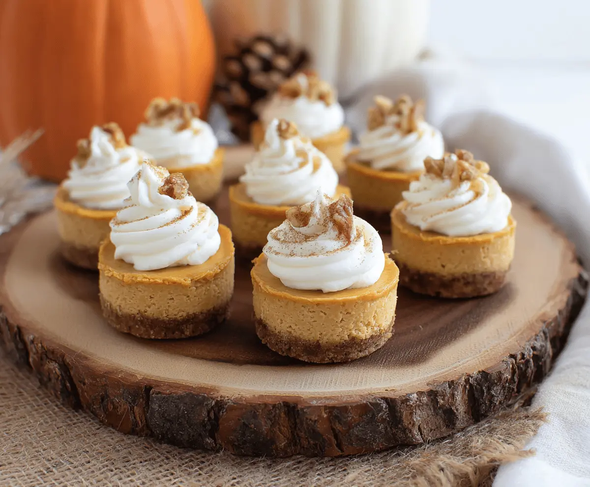 Delicious pumpkin mini cheesecakes topped with whipped cream and cinnamon, perfect for fall desserts.