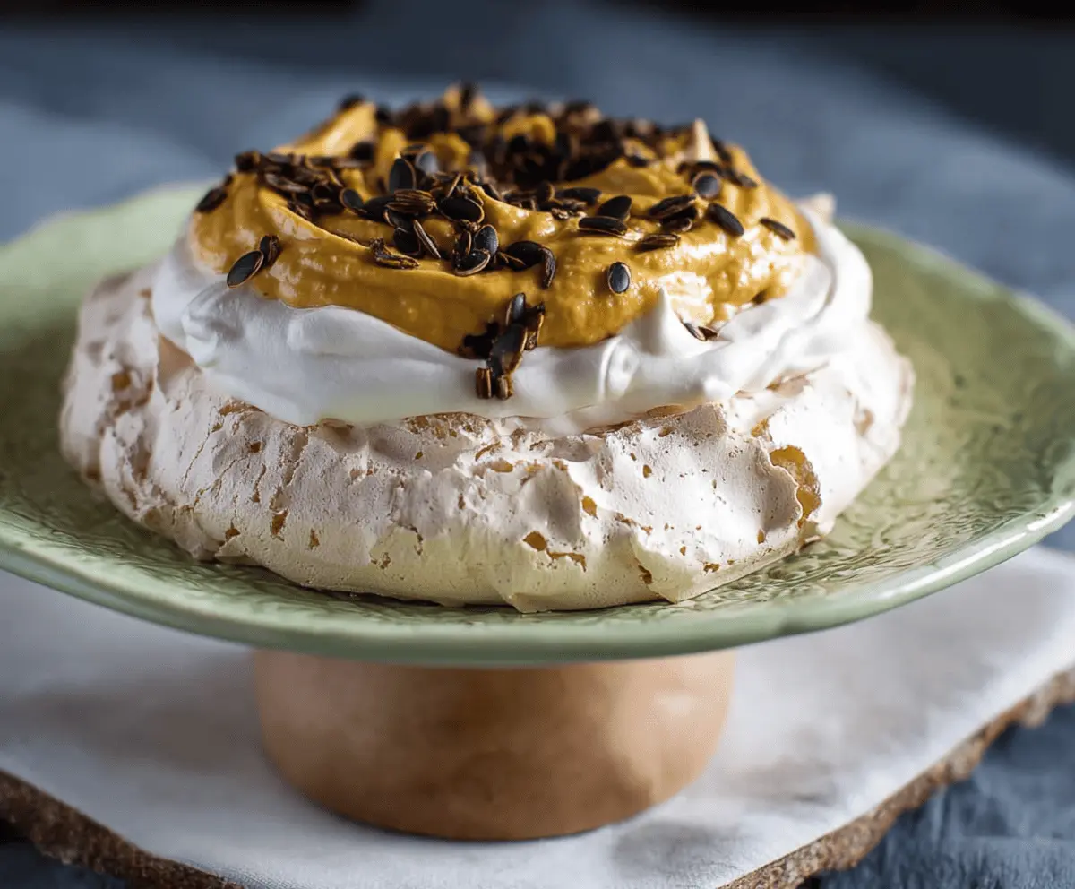 Delicious pumpkin Pavlova topped with whipped cream and caramelized pumpkin seeds on a decorative plate