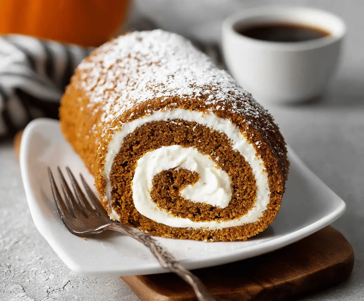 Delicious homemade pumpkin roll cake topped with cream cheese frosting, perfect for fall desserts and holiday celebrations.
