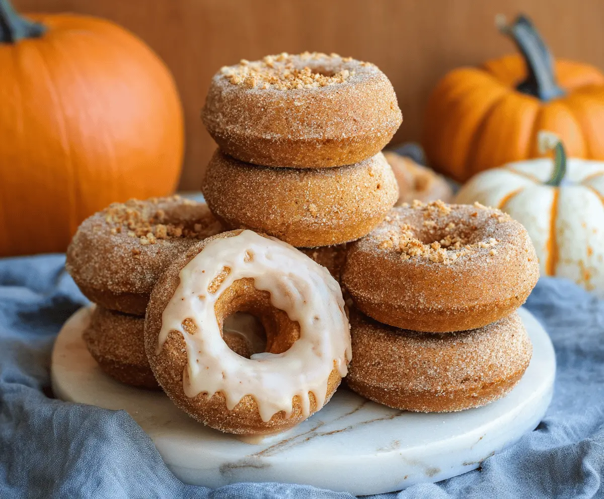 Delicious pumpkin spice donuts with a golden-brown exterior topped with a light dusting of powdered sugar, perfect for fall desserts