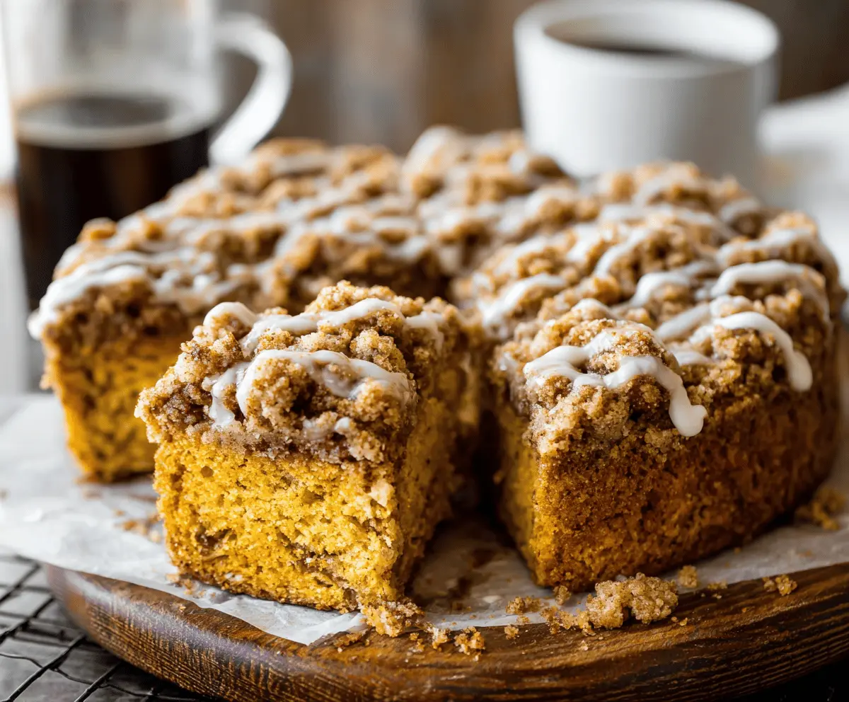 Delicious Pumpkin Streusel Coffee Cake topped with a crunchy cinnamon streusel, perfect for fall mornings and holiday gatherings.