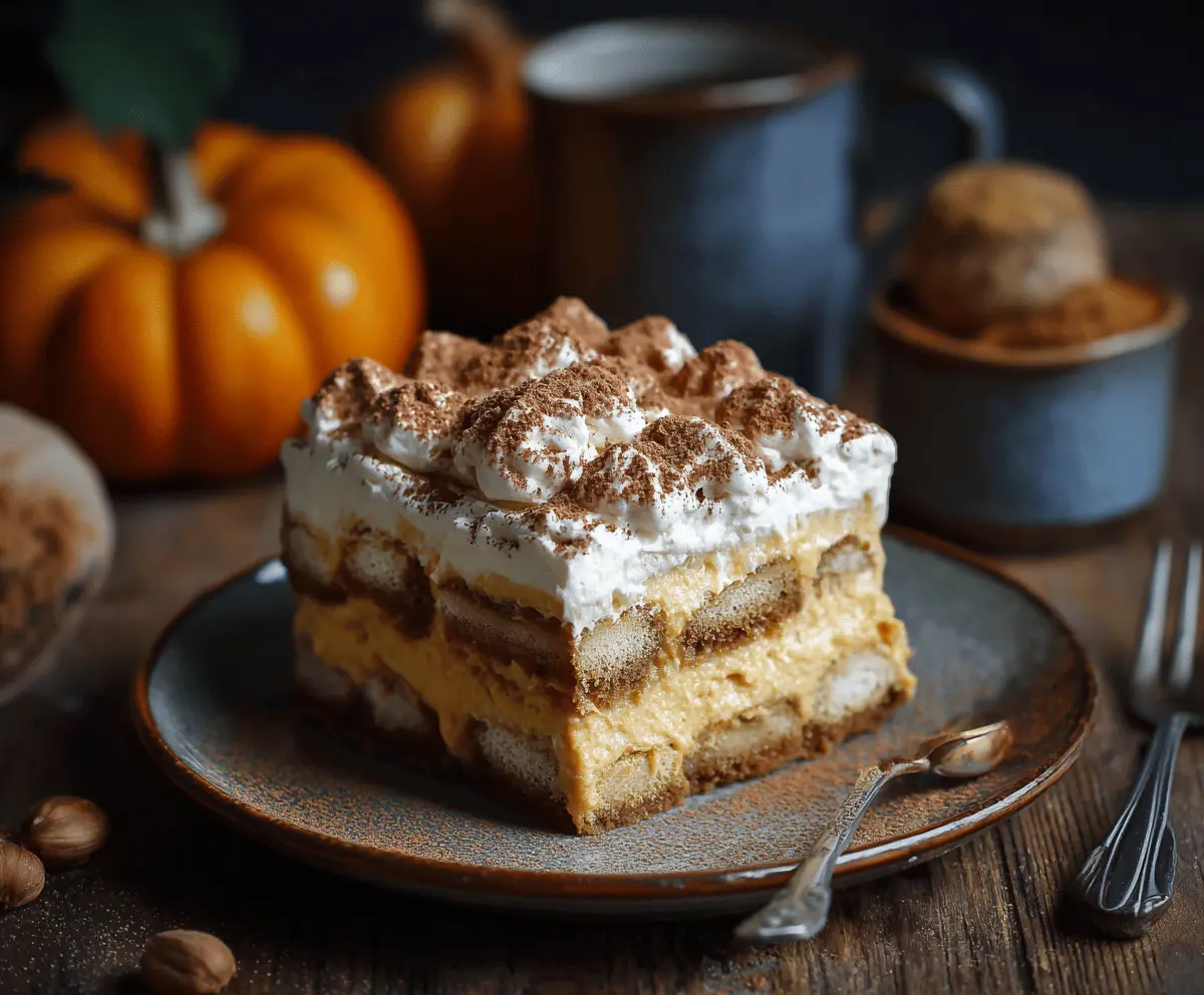 Delicious Pumpkin Tiramisu dessert layered with mascarpone cheese and pumpkin puree, garnished with cocoa powder and cinnamon for a festive fall treat.