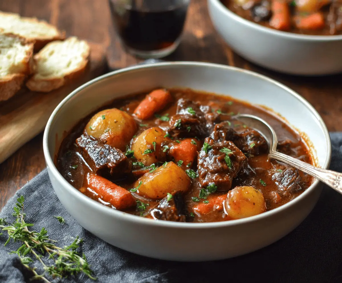 Hearty red wine beef stew with tender beef chunks, carrots, and potatoes in a rich broth
