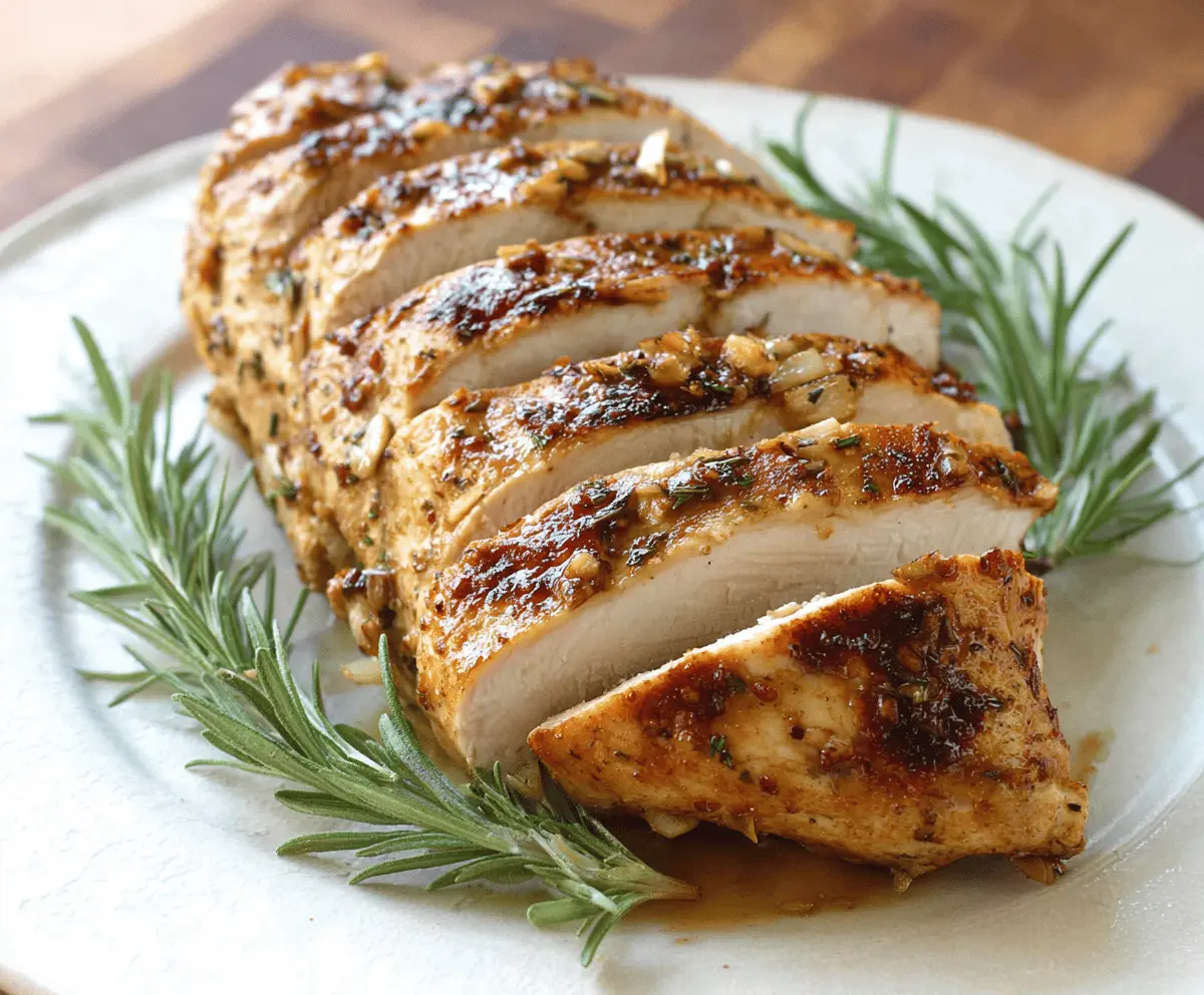 Juicy rosemary garlic seasoned turkey breast roasted to perfection, ready to serve as a flavorful main dish.